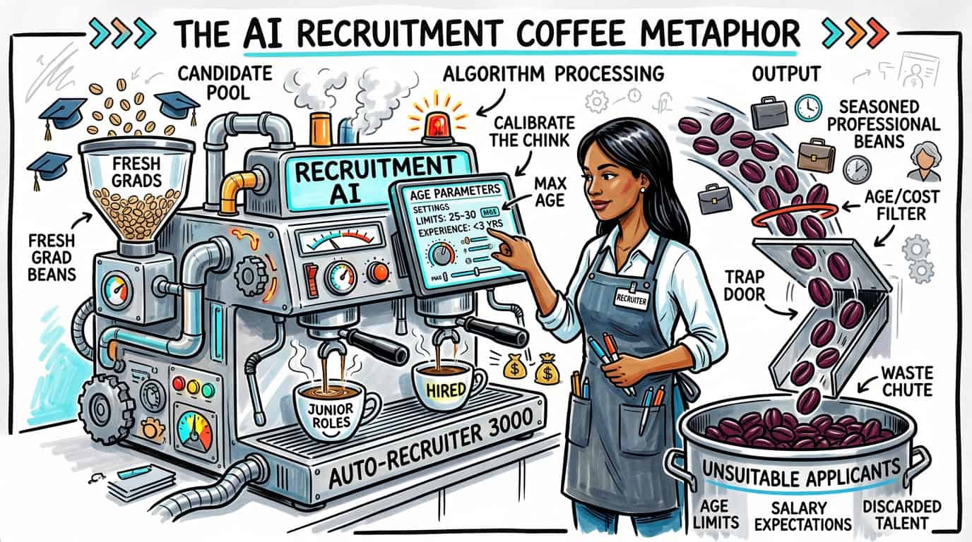 Graphic recording illustration depicting hiring bias with an AI recruitment algorithm filtering out experienced women over 50 using an espresso machine metaphor.