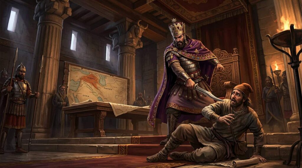Armenian King Tigranes executing a messenger in a throne room, illustrating the danger of shooting the messenger and a lack of workplace psychological safety.
