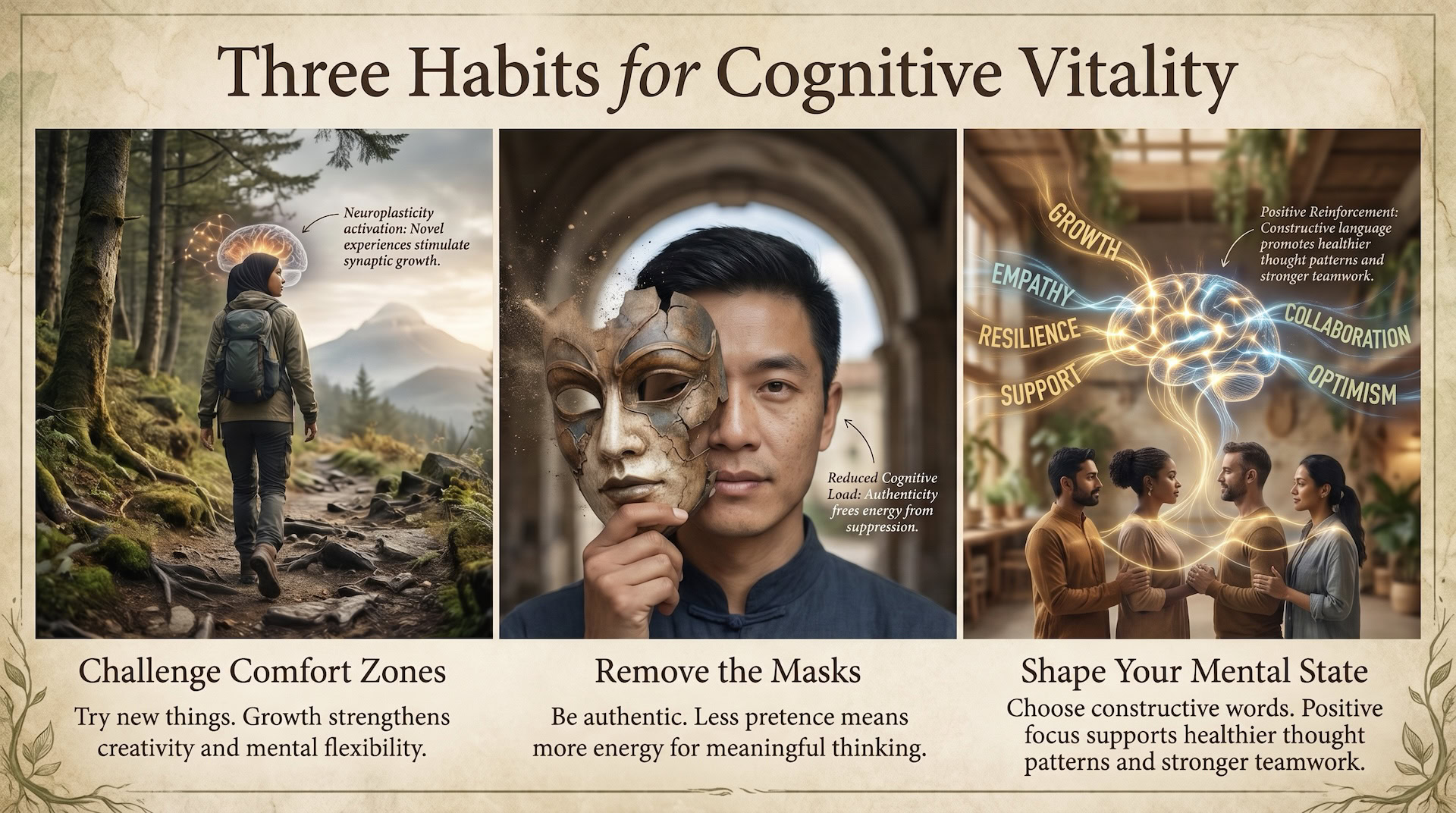 Infographic titled "Three Habits for Cognitive Vitality" illustrating neuroplasticity through challenging comfort zones on a forest path, reducing cognitive load by removing masks for authenticity, and shaping mental state through positive focus and team collaboration.