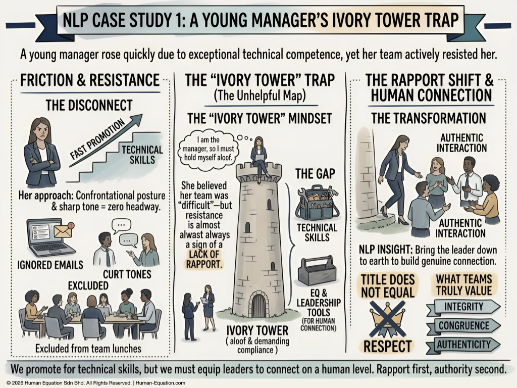 A graphic to illustrate how a young manager can Overcome Limiting Beliefs with NLP at the work place by building rapport with colleagues.