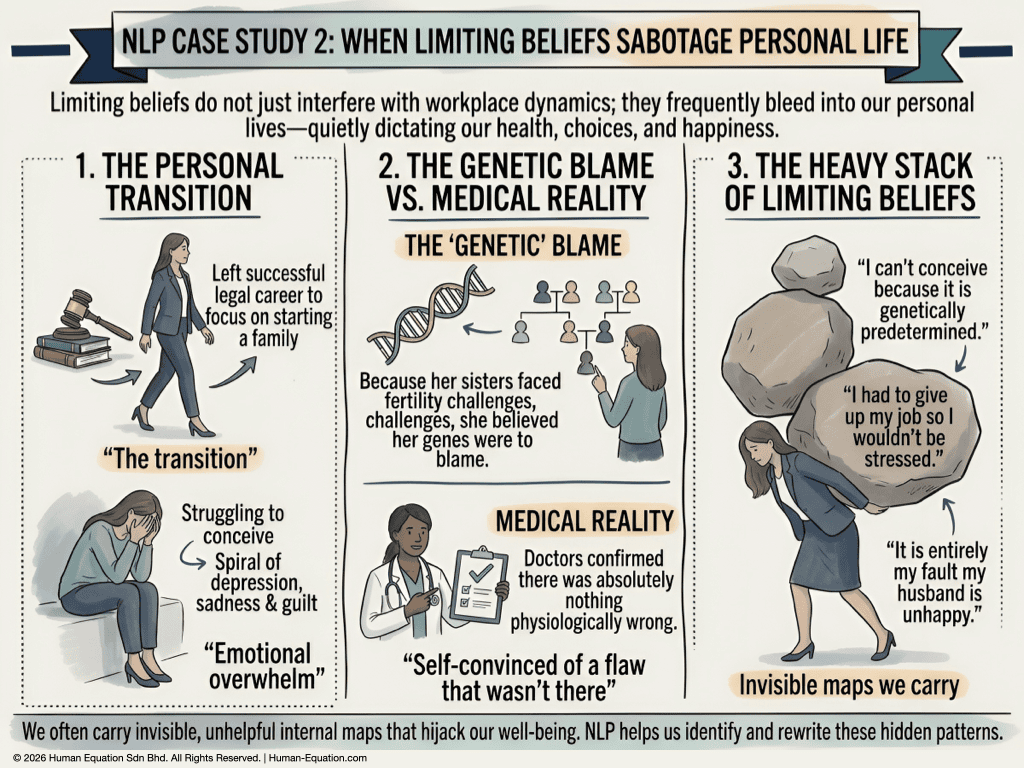 A structured graphic recording illustration of an NLP Case Study of how a working mom can overcome limiting beliefs with NLP. The visual note-taking canvas contains three columns: "1. The Personal Transition" (a woman leaving her legal career to start a family, transitioning into depression and guilt over fertility struggles); "2. The Genetic Blame vs. Medical Reality" (pointing to family struggles as genetic blame, contrasted with doctors confirming she is physiologically fine); and "3. The Heavy Stack of Limiting Beliefs" (a woman struggling to carry boulder-sized thoughts like 'I can't conceive because it's genetic' and 'it's my fault my husband is unhappy'). Bottom banner: "We often carry invisible, unhelpful internal maps that hijack our well-being."