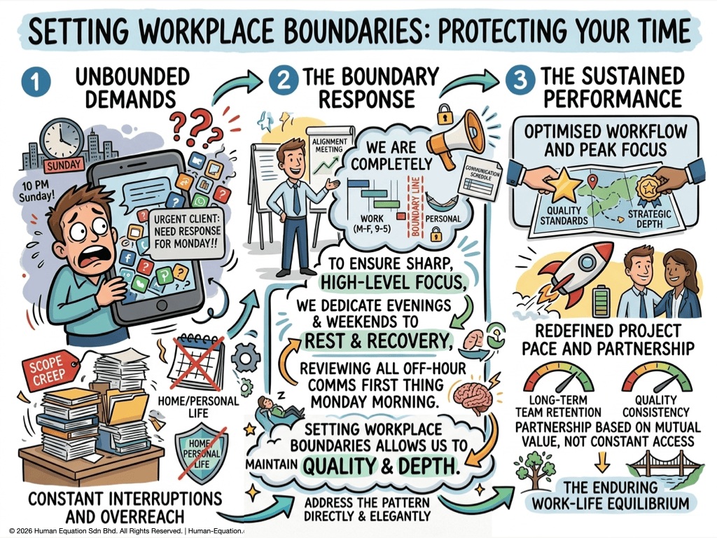 A detailed infographic about setting workplace boundaries and protecting personal time by Humam Equation Sdn Bhd.