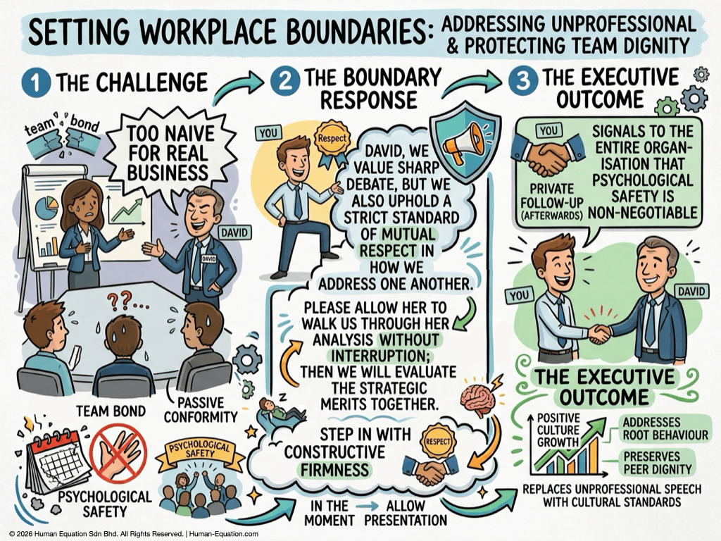 A detailed infographic illustration about setting workplace boundaries for team dignity and psychological safety.