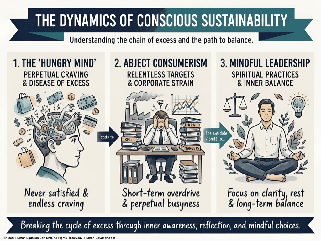 A professional 3-panel corporate infographic titled "THE DYNAMICS OF CONSCIOUS SUSTAINABILITY IN BUSINESS" in a clean, hand-drawn visual note-taking style with watercolor tones, on an off-white background. The graphic illustrates the path to conscious sustainability in business through three connected columns.
