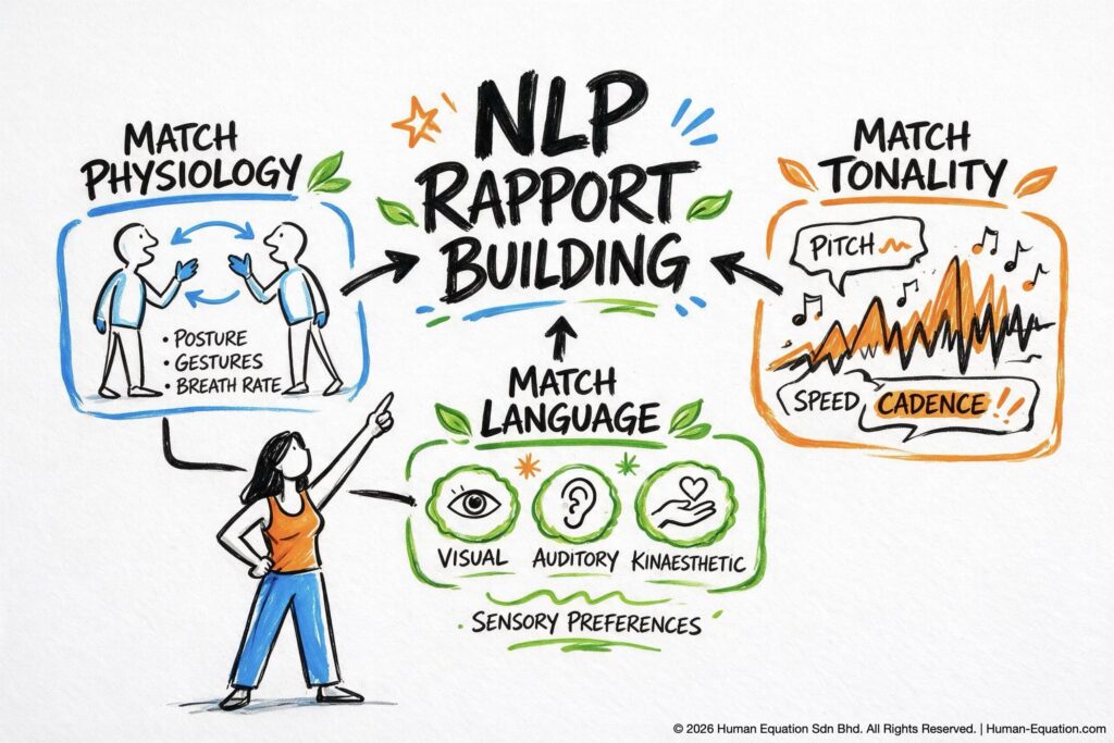 Graphic recording whiteboard illustration outlining NLP in Business and Sales techniques for building rapport through physiology, tonality, and language.